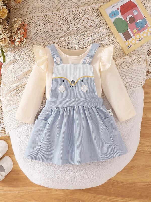 Conjunto de blusa de manga larga con cuello de volantes de unicolor y vestido con peto bordado con animales para bebé niña de primavera-otoño