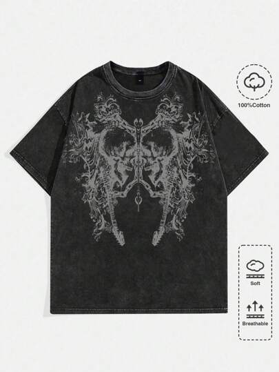 Goth Men's Summer Printed Round Neck Casual Short Sleeved T-Shirt, School, Rave