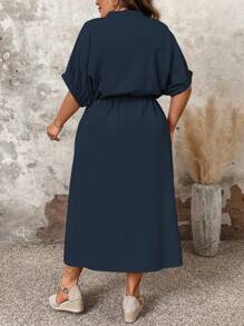 SHEIN LUNE Vestido casual de corte recto de manga corta con botones delanteros, talla grande, unicolor - Azul Marino - Ver 2