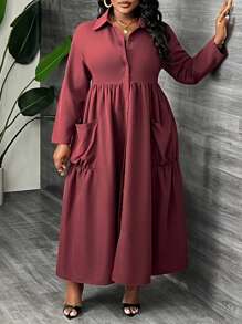 Slaydiva Plus Size Women Elegant Burgundy Long Sleeve Pocket Shirt Dress, Fall - Burgundy - View 3