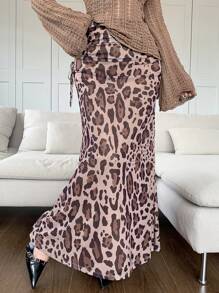 Modelyn Falda con estampado de leopardo por todas partes y cintura con lazo, uso casual para todos los días