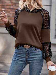 SHEIN LUNE 女士春秋撞色蕾丝插肩袖连帽休闲运动衫 - 棕色 - 查看 5