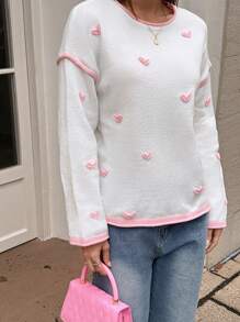 Chiquease 女士撞色边饰心形印花长袖毛衣