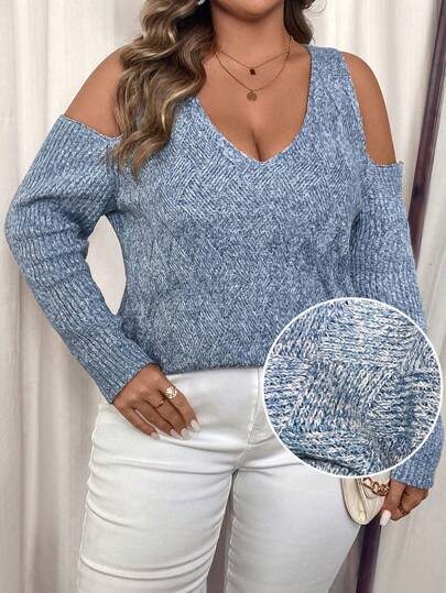 SHEIN Clasi Plus Size Winter Casuar Pullover, Suitable For Outings, Shopping, Gatherings, Brunch, Dates, And Holidays.L Sexy Off-The-Shoulder Hollow-Out Design Multicolor Yarn Crochet Texture V-Neck Sweate