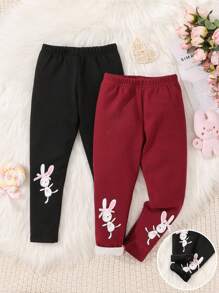 SHEIN 女小童2入組兔子印花緊身打底褲 - 黑色 - 查看 1