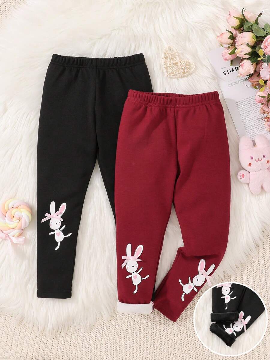 SHEIN 女小童2入組兔子印花緊身打底褲 - 黑色 - 查看 1