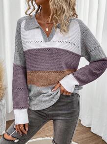 SHEIN LUNE Solid Color Patchwork Long Sleeve Minimalist Sweater, Casual Everyday Wear - Multicolor - View 5