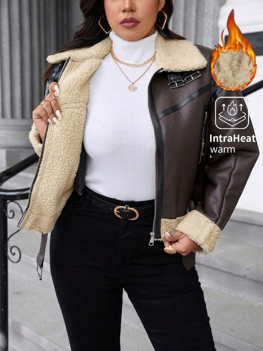 Calvaya Jaqueta curta casual plus size para motocicleta com forro térmico, para outono e inverno - Castanho Café - Ver 1