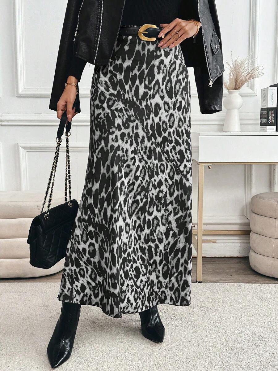 SHEIN LUNE High Waist Leopard Print Maxi Length Elegant Skirt - Multicolor - View 1