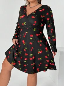 SHEIN CURVE+ Plus Size Women's Summer Garden Party Casual Cherry Blossom Print V-Neck Short Sleeve Dress With Loose A-Line Silhouette And Ruffle Hem