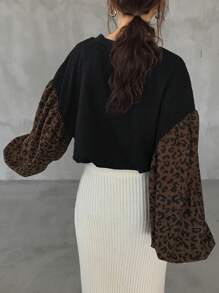 FRIFUL 女士圆领落肩宽松豹纹拼布运动衫，秋冬季 - 卡其色 - 查看 7