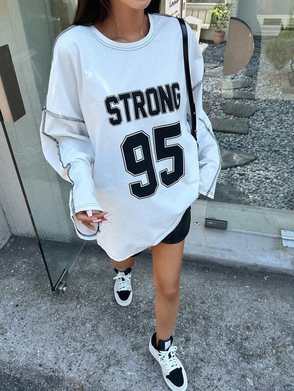 DAZY Women's Casual Dropped Shoulder Long Sleeve Letter Print Round Neck T-Shirt, Spring & Autumn Jersey,Graphic Tees,Back To School Clothes