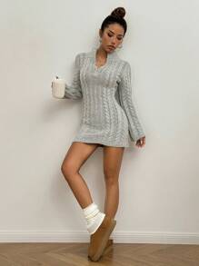 Flirla Women's Solid Color Zipper Front Long Sleeve Minimalist Cropped Sweater Dress Fall Cloth For Women - Grey - View 4