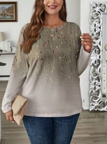 EMERY ROSE Camiseta de manga larga de cuello redondo con estampado de hojas de color degradado, informal, para mujer de talla grande, otoño - Blanco - Ver 4