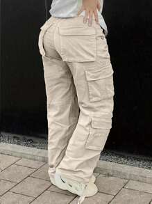 Plus Size Plain Front Button Casual Cargo Pants, Everyday Wear - Màu be - Xem 2