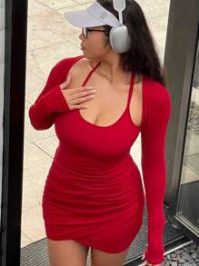 INAWLY Plus Size Solid Color Hollow Out Ruffle Sexy Long Sleeve Dress