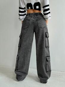 SHEIN EZwear Dames Casual Losse Lage Taille Wijde Pijpen Jeans Met Zakken, Zwart