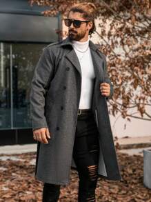 Manfinity Homme Men's Solid Color Double-Breasted Long Sleeve Woolen Coat, Autumn/Winter,Boyfriend Gift,Fall Men Clothes,Versatile Items For Winter,Grey Overcoat - Grey - View 3