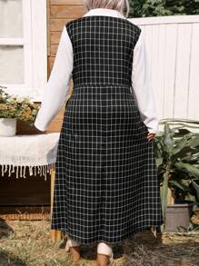 Plus Size Solid Color Patchwork Long Sleeve Simple Pocket Casual Dress, Random Prints