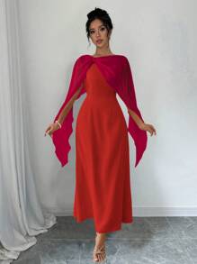 SHEIN ChicEase Đầm dài voan bóng cổ tròn tay lửng trơn - Đỏ - Xem 1