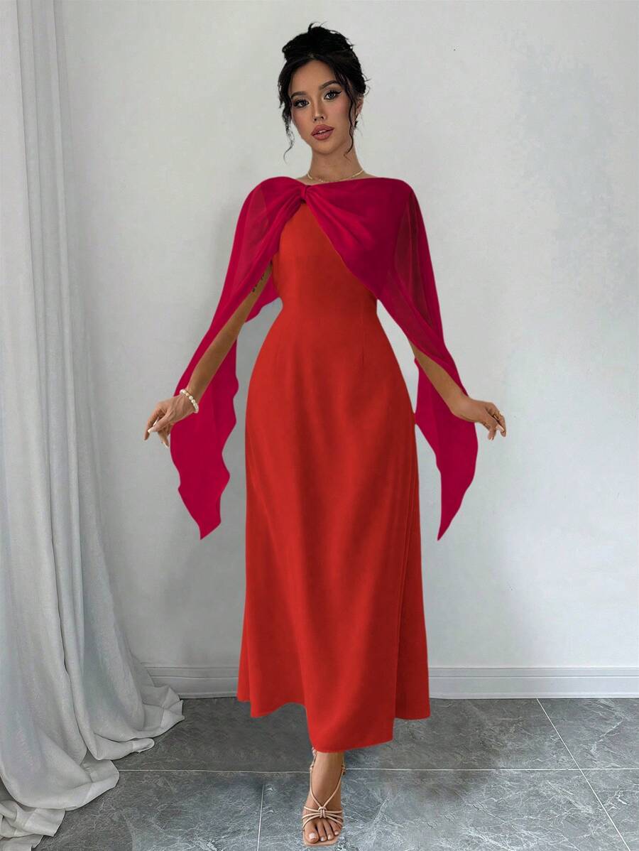 SHEIN ChicEase Đầm dài voan bóng cổ tròn tay lửng trơn - Đỏ - Xem 1