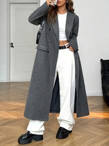 SHEIN EZwear 1pc Women's Grey Woven Double-Breasted Long Sleeve Overcoat