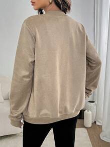 SHEIN Pregnant Women's Solid Color Long Sleeve Zip-Up Collar Casual Baseball Jacket, For Spring And Autumn, For Maternity - Khaki - View 2
