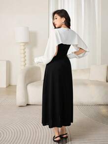 Modelyn Robe de soirée longue à col en V, poignets fendus et contrastée pour femmes