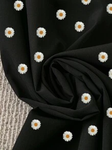 SHEIN LUNE 大尺碼女性雛菊印花寬腿寬鬆褲 - 黑色 - 查看 4