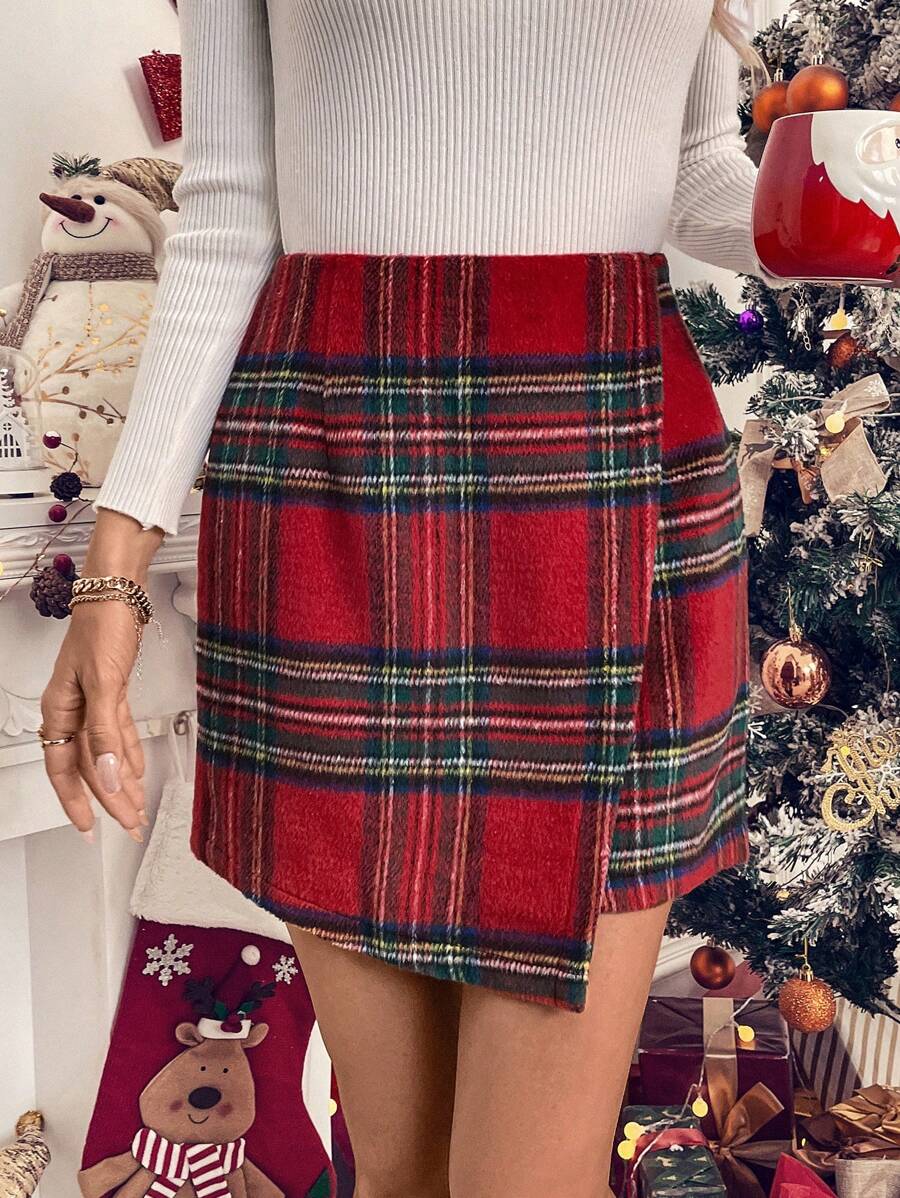 Chiquease 女式格子印花裹身裙,适合新年服装 - 紅色 - 查看 1