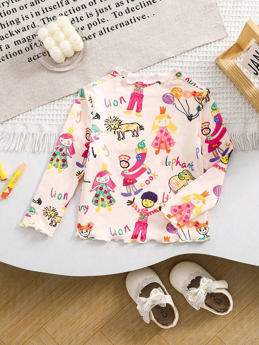 SHEIN Áo thun tay dài dệt kim co giãn in họa tiết hoạt hình dễ thương cho bé gái mùa thu đông - Nhiều màu - Xem 1