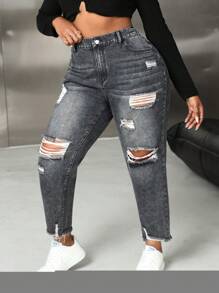 SHEIN SXY Plus Size Jeans Ripped Fit Tapered Pants Plus Size Black Jeans Black Jeans Pants Halloween Pants Going Out Bottoms Women Jeans Pants Fall Pants Denim Pants Fall Women Clothes Jeans Cowgirl Jeans