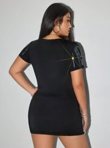 SHEIN ICON Plus Size Halloween Y2K Body Pattern Hot-Drilling Short Sleeve Skirt Two-Piece Set, Halloween Costume, Sexy Party Outfit