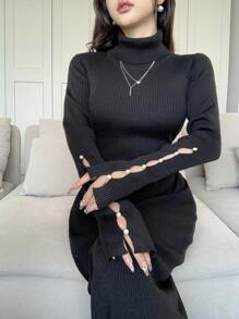 Modelyn 女式高领长袖仿珍珠装饰休闲毛衣连衣裙