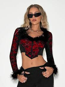 SHEIN ICON Camiseta de manga larga entallada con cintura de encaje de doble capa y parches de felpa - Rojo - Ver 6