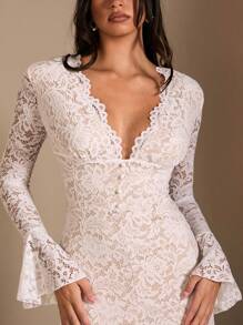 SHEIN BAE Women's Solid White Long Sleeve V-Neck Lace Dress With High Slit, Elegant, Suitable For Cocktail Party, Romantic Date, Layering In Fall/Winter, Party, Wedding, Halloween, Christmas,White Graduation Dress - White - View 4
