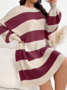 SHEIN Frenchy 大码女式秋冬撞色圆领蝙蝠袖休闲毛衣连衣裙