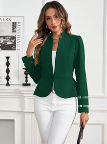 SHEIN Clasi 女士纯色泡泡袖前开松紧腰优雅夹克，春秋季 - 墨綠色 - 查看 4