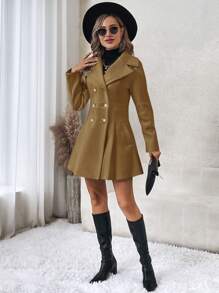 SHEIN Clasi 女式纯色立领长袖口袋收腰修身大衣，秋冬款 - 棕色 - 查看 5