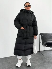 EURMUSE Waterproof, Keep Warm Feature, Double Colored Drawstring Detailed, Puffer Wintercoat - Black - View 4