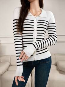 Mulvari Women's Long Sleeve Button Front Striped Casual Blouse - Black and White - View 1