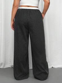 SHEIN EZwear Plus Size Women Waist Tie-Up Color Block Stripe Wide Leg Loose Casual Pants - Dark Grey - View 2
