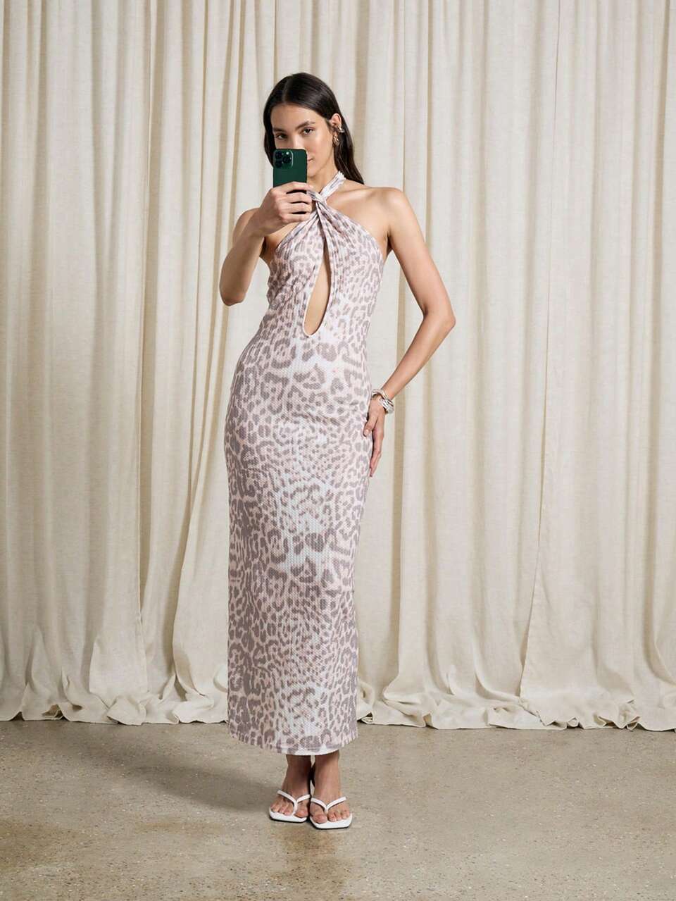 AiiRZ Leopard Print Halter With Key Hole Fitted Maxi Dress