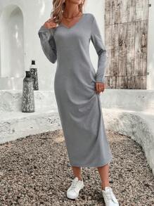 EMERY ROSE Women's Solid V-Neck Long Sleeve Simple Mid-Length Casual Dress - Grey - View 4