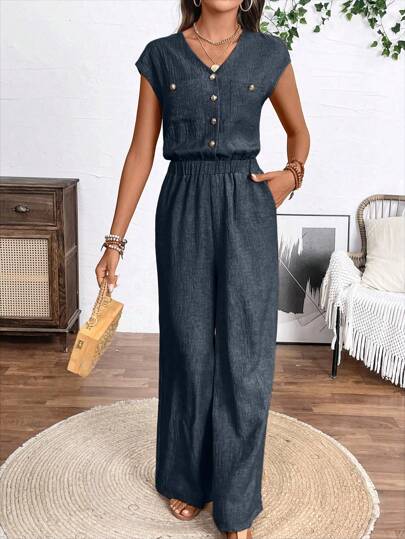 EMERY ROSE Solid Color Front Button Simple Pocket Waist Jumpsuit, Casual Daily Wear