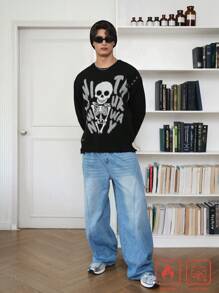 Manfinity Hypemode Skull & Letter Print Crew Neck Long Sleeve Knitted Sweater