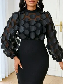 SHEIN Lady Black Polka Dot Three-Dimensional Embroidered Mesh Stitching Small Stand-Up Collar Long Sleeve Mid-Length Hip Skirt For Women Women Midi Dresses 2024