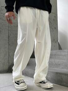 Manfinity Hypemode Solid Color Drawstring Pocket Casual Wide Leg Pants