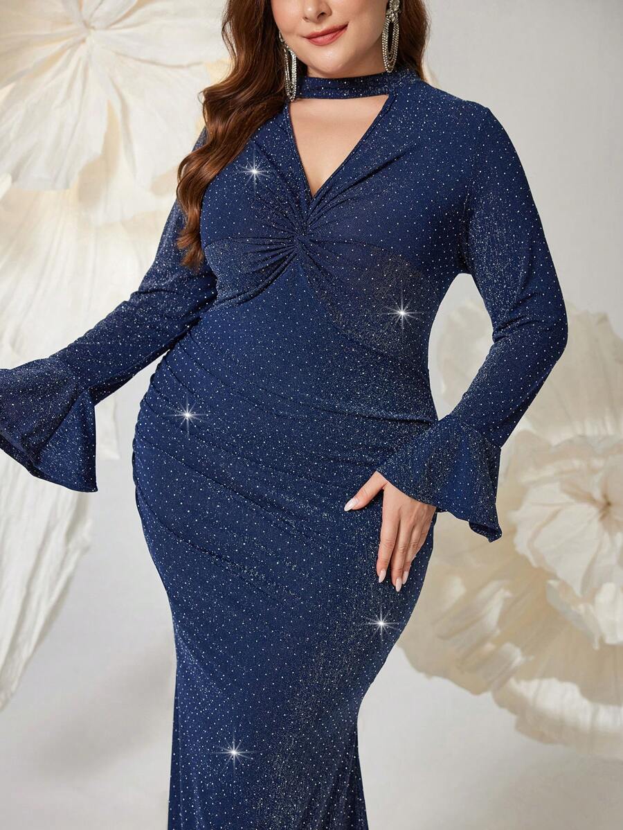 Modelyn Plus Size Keyhole Neck Hollow Out Twist Detail Long Sleeve Dress Long Evening Dresses Fall Cloth For Women - Navy Blue - View 1