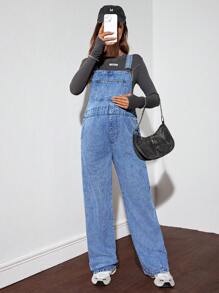 SHEIN Maternity Loose Fit Denim Bib Pants, Blue Women Mom Jeans Baggy Women Jeans,Baggy Vintage Jeans,Winter Women Pants Women's Casual Loose Wide-Leg Jeans - Blue - View 3